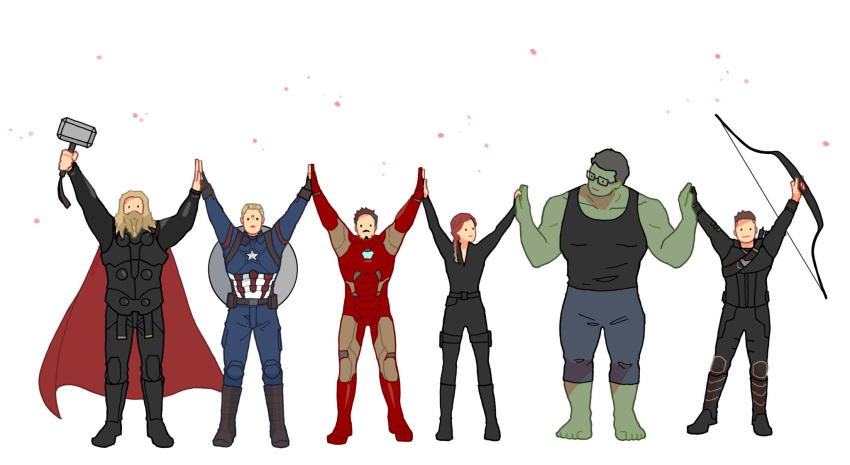 1girl, 5boys, arc_reactor, armor, arms_up, arrow_(projectile), avengers:_endgame, avengers_(series)