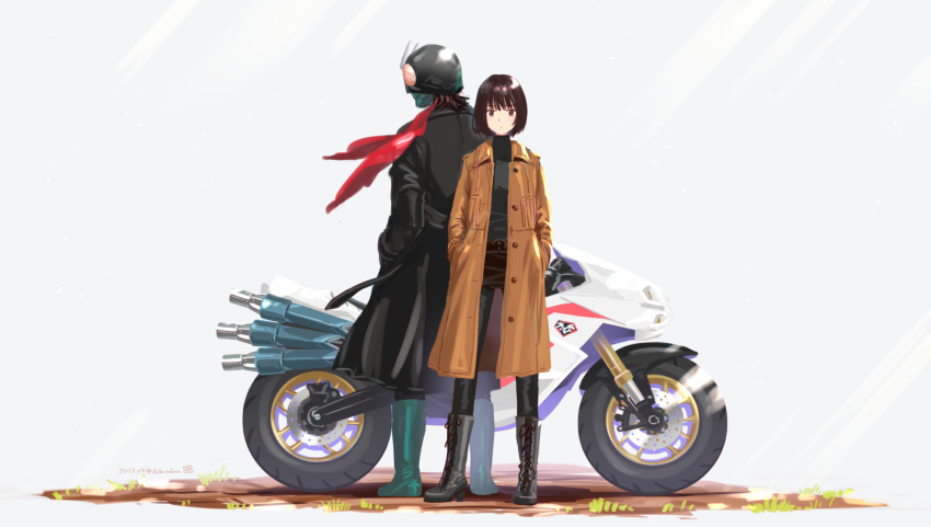 1boy, 1girl, antennae, belt, black_coat, boots, brown_coat, brown_eyes