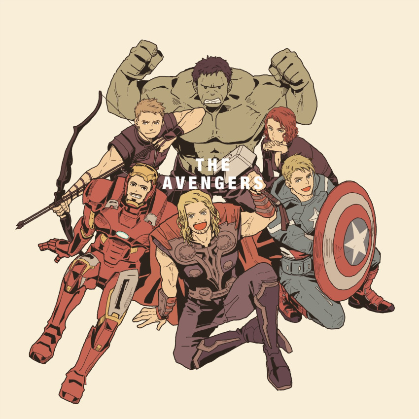 1girl, 5boys, arc_reactor, arm_up, armor, arrow_(projectile), avengers_(series), beard, black_bodysuit, black_footwear, black_hair, black_pants, black_shirt, black_widow, blonde_hair, blue_bodysuit, blue_eyes, bodysuit, boots, bow_(weapon), breasts, brown_background, cape, captain_america, clenched_hands, clint_barton, colored_skin, commentary_request, copyright_name, facial_hair, full_armor, green_eyes, green_skin, hands_up, hawkeye_(marvel), helmet, highres, holding, holding_bow_(weapon), holding_shield, holding_weapon, hood, hooded_bodysuit, hulk, iron_man, light_brown_hair, long_hair, looking_at_viewer, marvel, marvel_cinematic_universe, medium_breasts, mjolnir_(marvel), mochishio, multicolored_armor, multiple_boys, natasha_romanoff, open_mouth, own_hands_together, pants, pocket, power_armor, red_armor, red_cape, red_footwear, redhead, shield, shirt, short_hair, simple_background, sitting, sleeveless, sleeveless_shirt, smile, standing, star_(symbol), steve_rogers, striped, superhero, teeth, the_avengers_(2012), thor_(marvel), tony_stark, v-shaped_eyebrows, weapon, yellow_armor