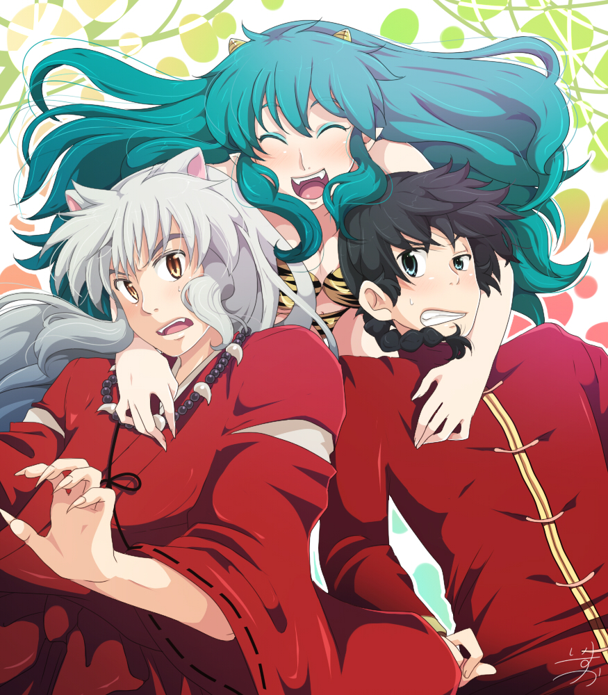 1girl, 2boys, animal_ears, black_hair, chinese_clothes, clenched_teeth, closed_eyes, creator_connection