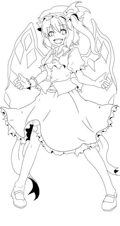 1girl, ascot, back_bow, bow, breasts, buttons, flandre_scarlet, frilled_shirt_collar