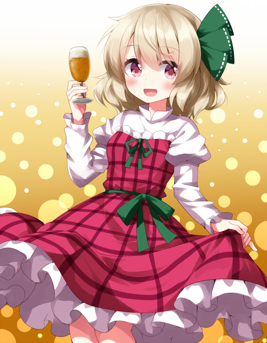 1girl, :d, alcohol, beer, beerko, blonde_hair, brown_background, commentary_request