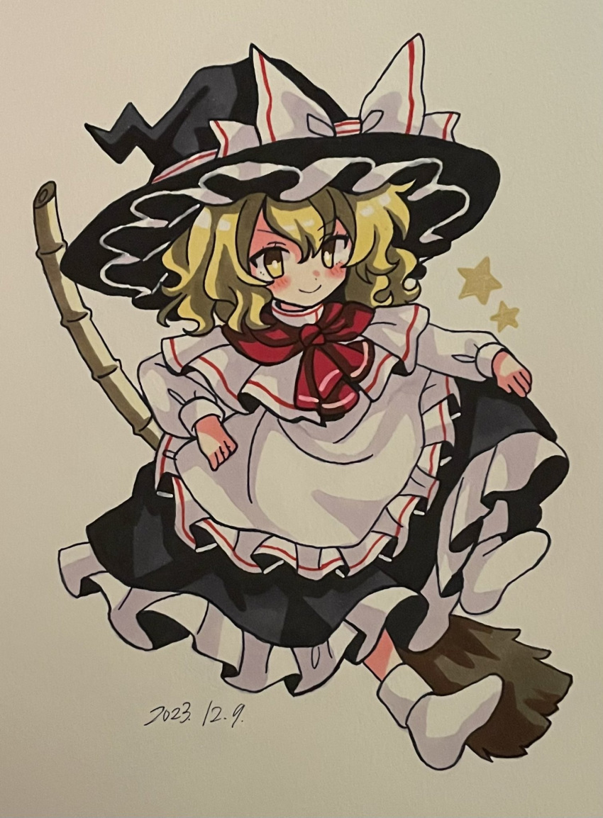 1girl, apron, ascot, black_footwear, black_skirt, blonde_hair, bow, broom