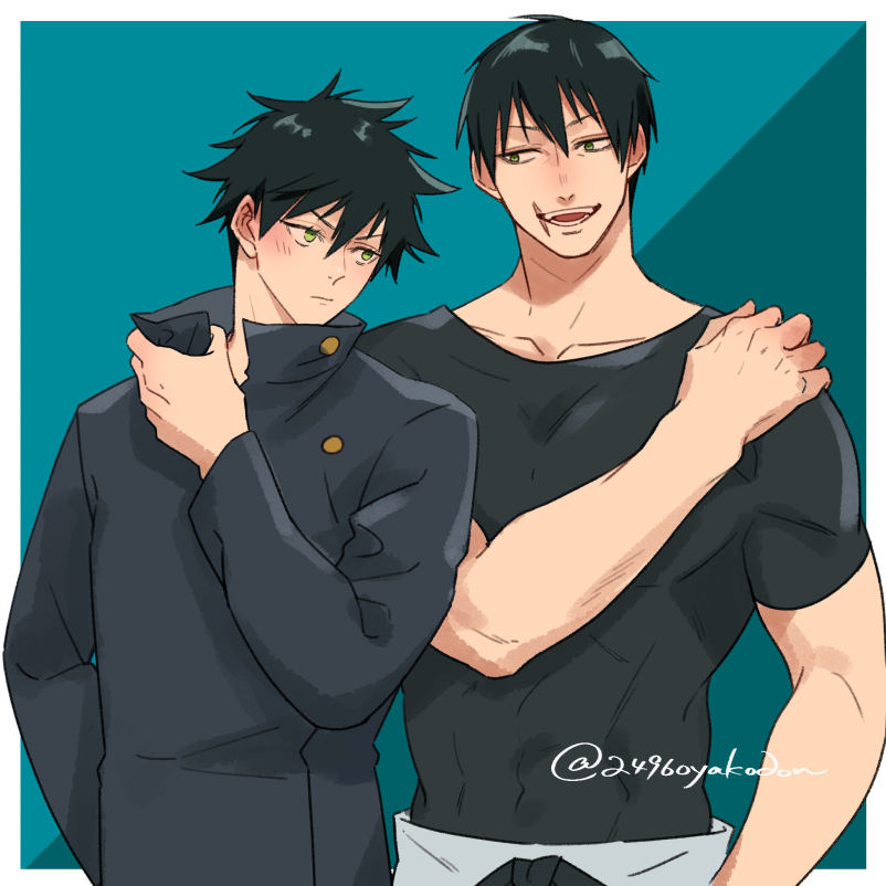 2496oyakodon, 2boys, age_difference, black_hair, black_jacket, black_shirt, blue_background, blush