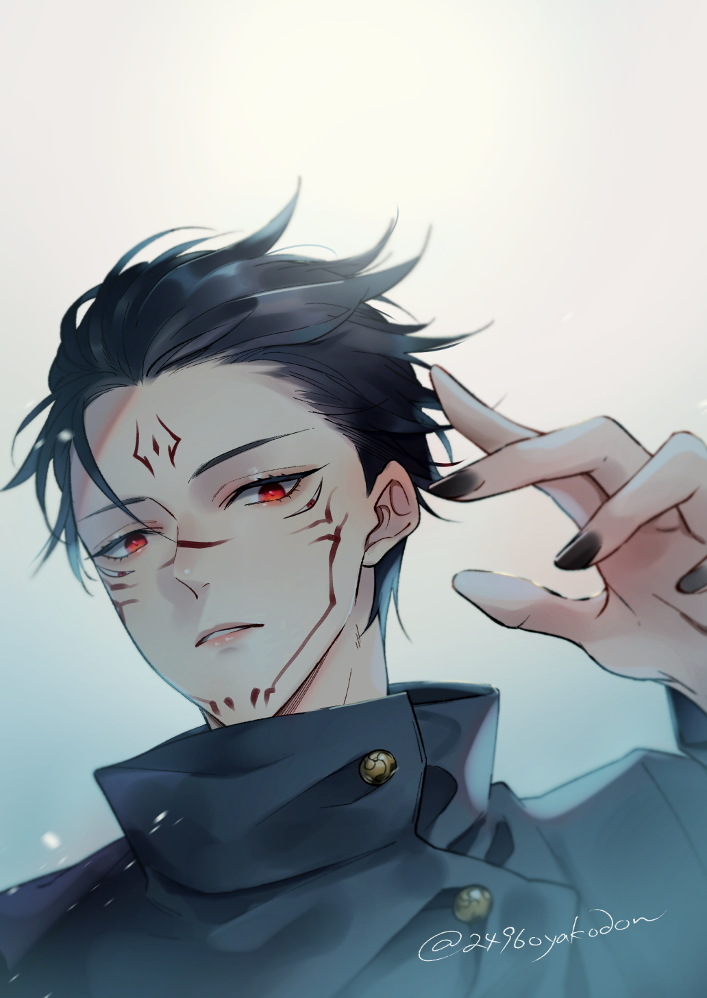 1boy, 2496oyakodon, black_hair, black_jacket, black_nails, extra_eyes, facial_tattoo, fushiguro_megumi