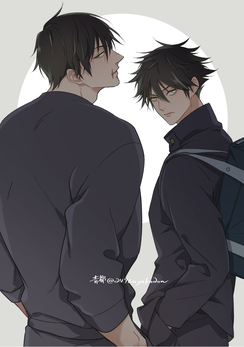 2496oyakodon, 2boys, back, bag, black_hair, black_jacket, black_pants, black_sweater