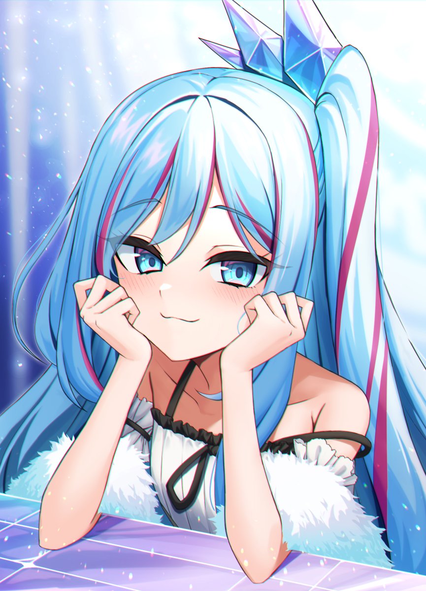 1girl, :3, agibe, bare_shoulders, blue_hair, collarbone, crystal_hair_ornament, dress