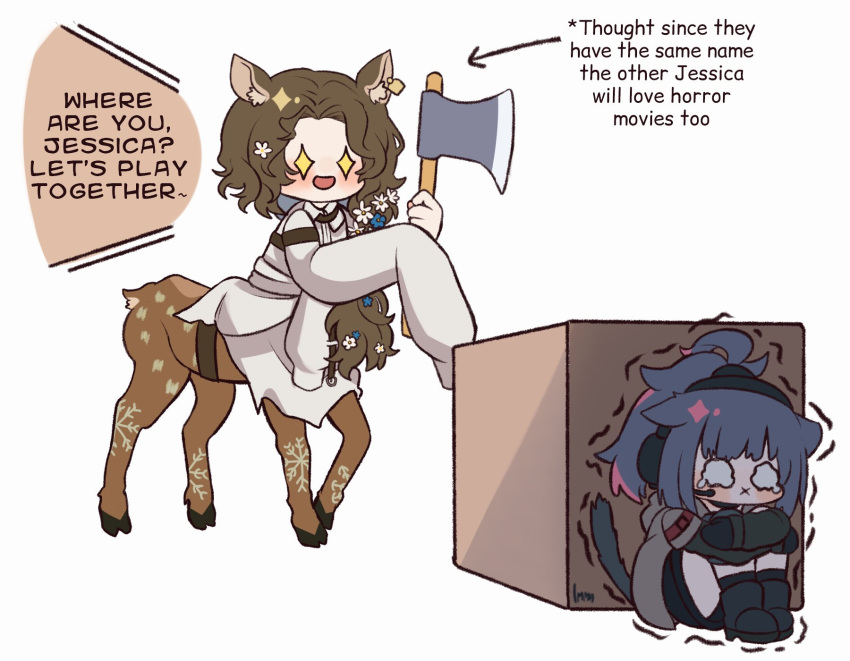+_+, 2girls, :x, animal_ears, arknights, arm_belt, axe, belt, black_footwear, black_hair, black_shirt, black_shorts, black_socks, blush, boots, box, brown_hair, cat_ears, cat_girl, cat_tail, centauroid, changeling_(reverse:1999), crossover, crying, crying_with_eyes_open, deer_ears, deer_tail, ear_protection, ear_tag, english_commentary, english_text, flower, full_body, gloves, grey_jacket, hair_flower, hair_ornament, hair_over_shoulder, headset, hiding, highres, holding, holding_axe, hooves, hugging_own_legs, imma_artsu, implied_extra_ears, jacket, jessica_(arknights), knee_boots, kneehighs, long_hair, long_sleeves, multiple_girls, name_connection, o_o, open_clothes, open_mouth, parted_bangs, ponytail, reverse:1999, shirt, shorts, sidelocks, signature, simple_background, sitting, sleeves_past_fingers, sleeves_past_wrists, smile, socks, standing, tail, taur, tears, trembling, white_background, white_flower, white_shirt
