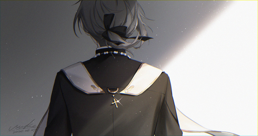 1boy, bead_necklace, beads, black_ribbon, black_robe, cassock, cross, facing_away, from_behind, greyscale, hair_ribbon, highres, jewelry, kanae_(5th_costume)_(nijisanji), kanae_(nijisanji), latin_cross, light_particles, low_ponytail, male_focus, medium_hair, monochrome, necklace, nijisanji, official_art, outsider_(vocaloid), priest, ribbon, robe, solo, stole, upper_body, usuke_(u_skeeep), virtual_youtuber