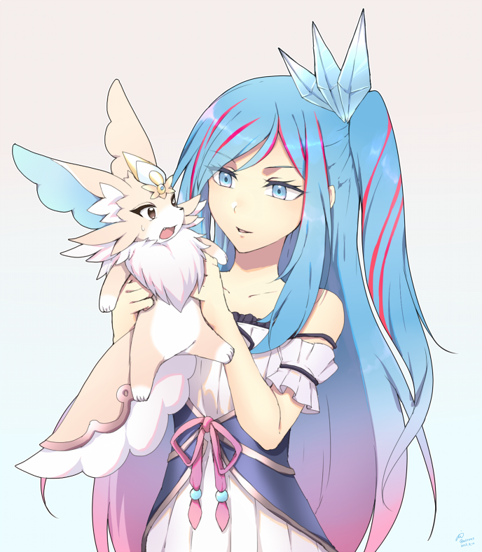 1girl, arm_scrunchie, bare_shoulders, blue_eyes, blue_hair, brown_eyes, collarbone, creature