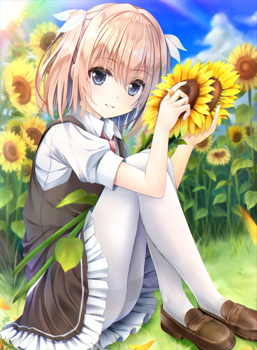 1girl, absurdres, blue_eyes, brown_dress, brown_footwear, collared_shirt, commentary_request, crossed_legs
