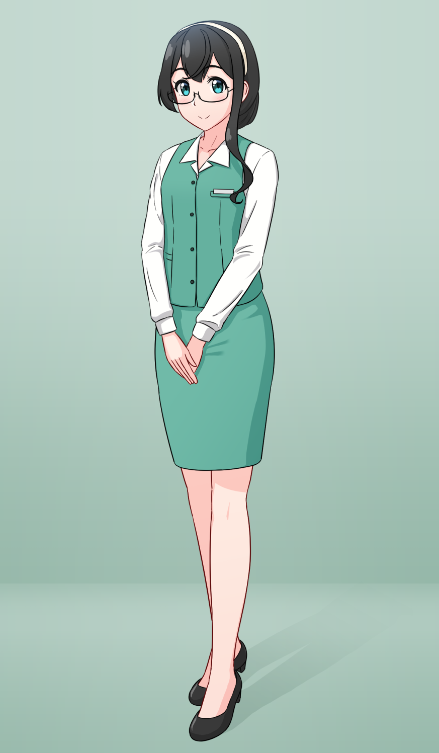 1girl, alternate_costume, black_footwear, black_hair, collared_shirt, dress_shirt, full_body, geometrie
