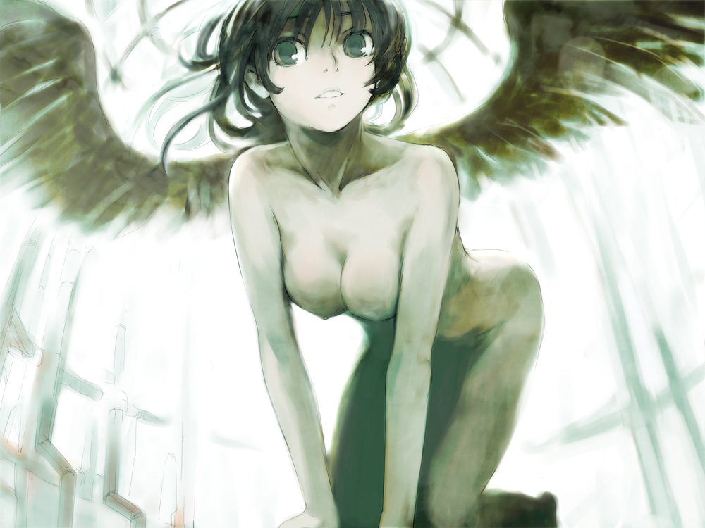 angel, angel_wings, backlighting, black_hair, breasts, green, green_eyes, grin, monochrome, nimirom, nude, original, parted_lips, smile, solo, wings