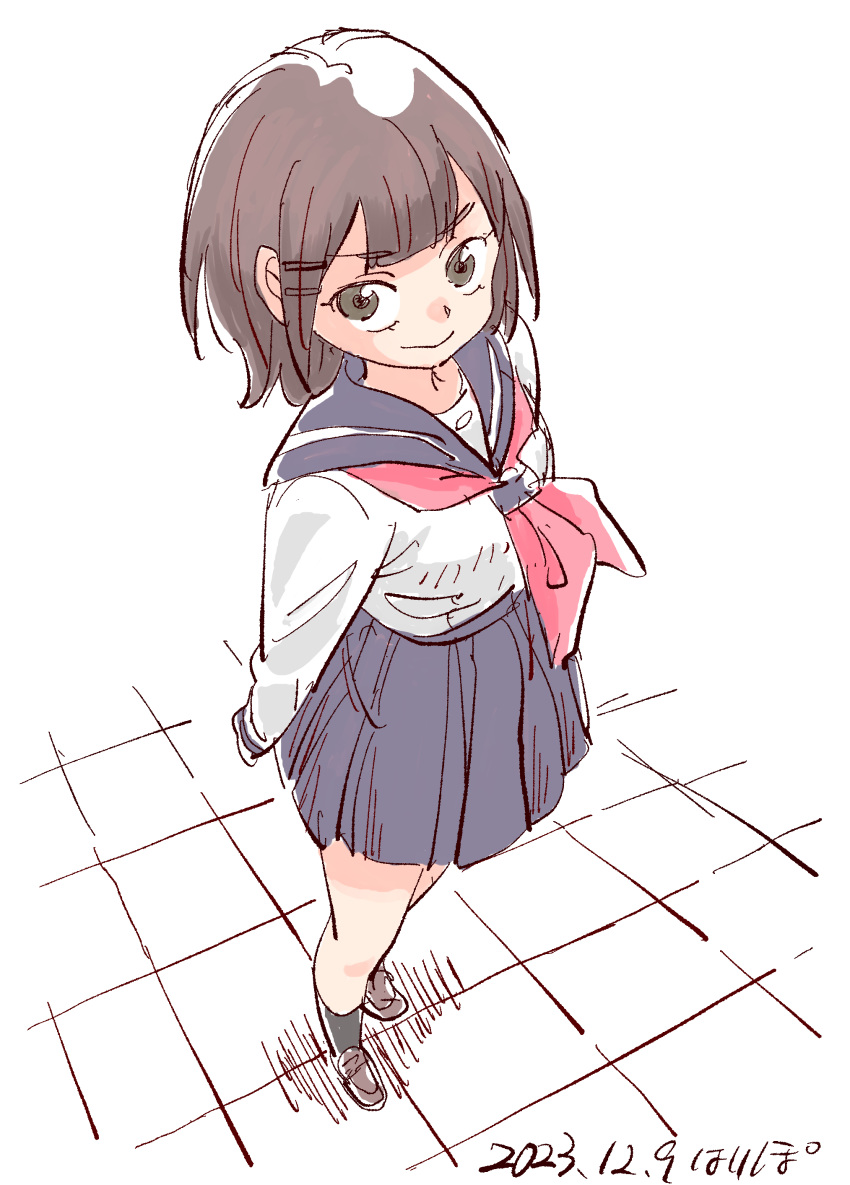 1girl, absurdres, arms_behind_back, black_socks, blue_sailor_collar, blue_skirt, border, brown_eyes