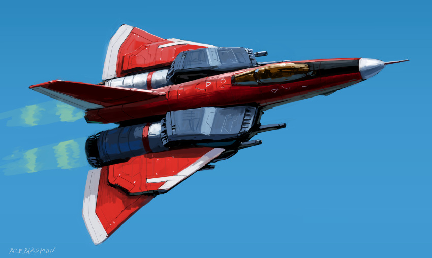 absurdres, aircraft, airplane, blue_sky, day, fighter_jet, highres, hozumi_sousei, jet, military_vehicle, no_humans, outdoors, raiden_(series), raiden_mk-ii, sky, solo, vehicle_focus
