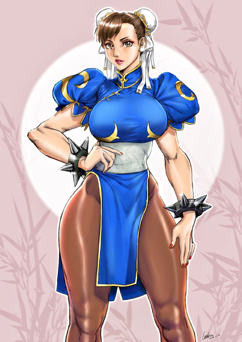 1girl, absurdres, bracelet, breasts, brown_hair, brown_pantyhose, bun_cover, capcom