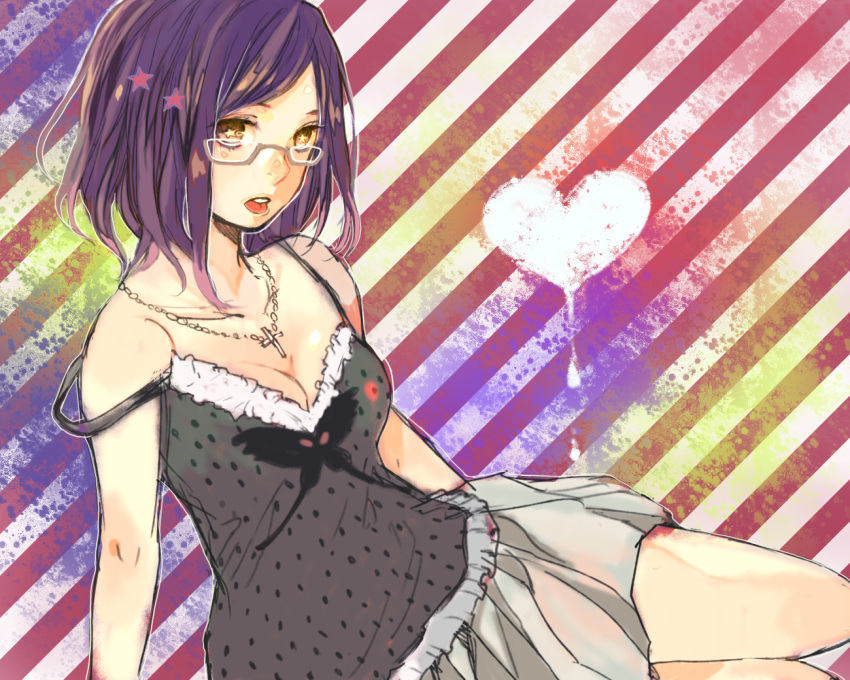 breasts, brown_eyes, camisole, cleavage, cross, glasses, heart, honenoumi