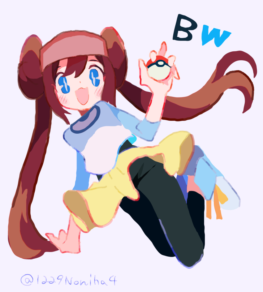 1girl, :d, black_leggings, blue_eyes, brown_hair, copyright_name, double_bun, doughnut_hair_bun