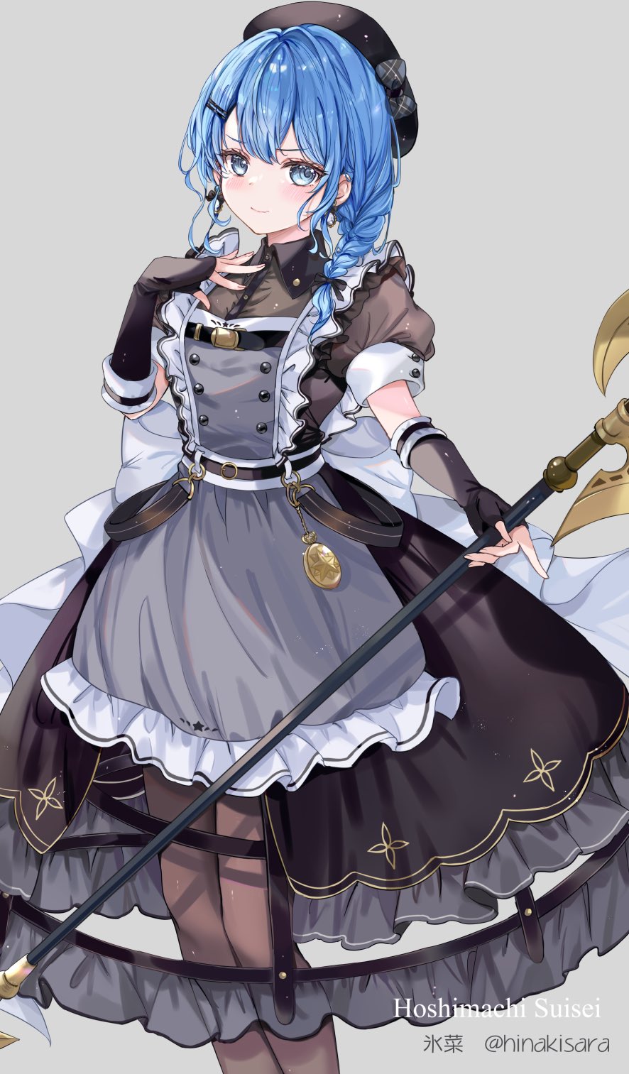 apron, bardiche_(weapon), black_dress, blue_eyes, blue_hair, collared_dress, dress, fingerless_gloves