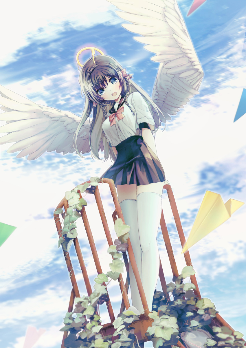 1girl, :d, absurdres, angel, angel_wings, arm_support, arms_behind_back, black_hair