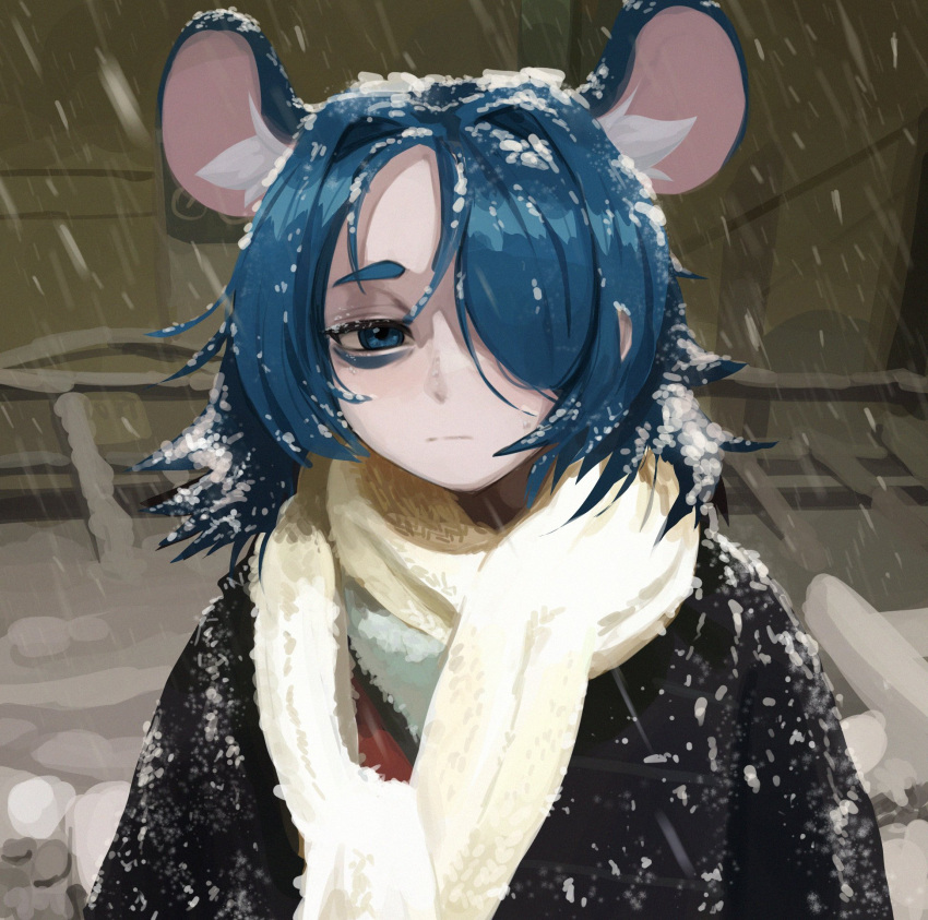 1girl, animal_ears, black_coat, blizzard, blue_eyes, blue_hair, closed_mouth, coat