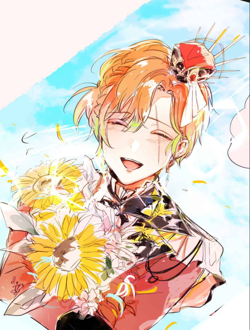 1boy, akuma_shitsuji_to_kuroi_neko, blue_background, bouquet, closed_eyes, flower, half_updo, highres, holding, holding_bouquet, holding_flower, jacket, long_sleeves, male_focus, multicolored_background, nakiyagonaku, open_mouth, red_jacket, short_ponytail, side_ponytail, sketch, smile, solo, sunflower, teddy_brown, teeth, white_background, yellow_flower