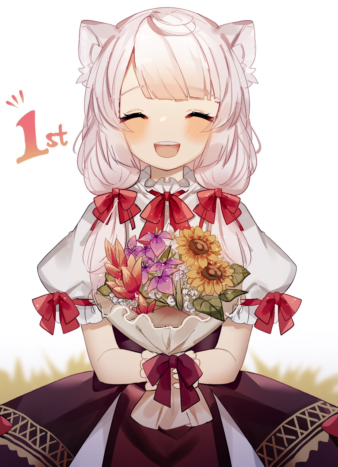 1girl, :d, ^_^, animal_ears, blunt_bangs, blush, bouquet, bow