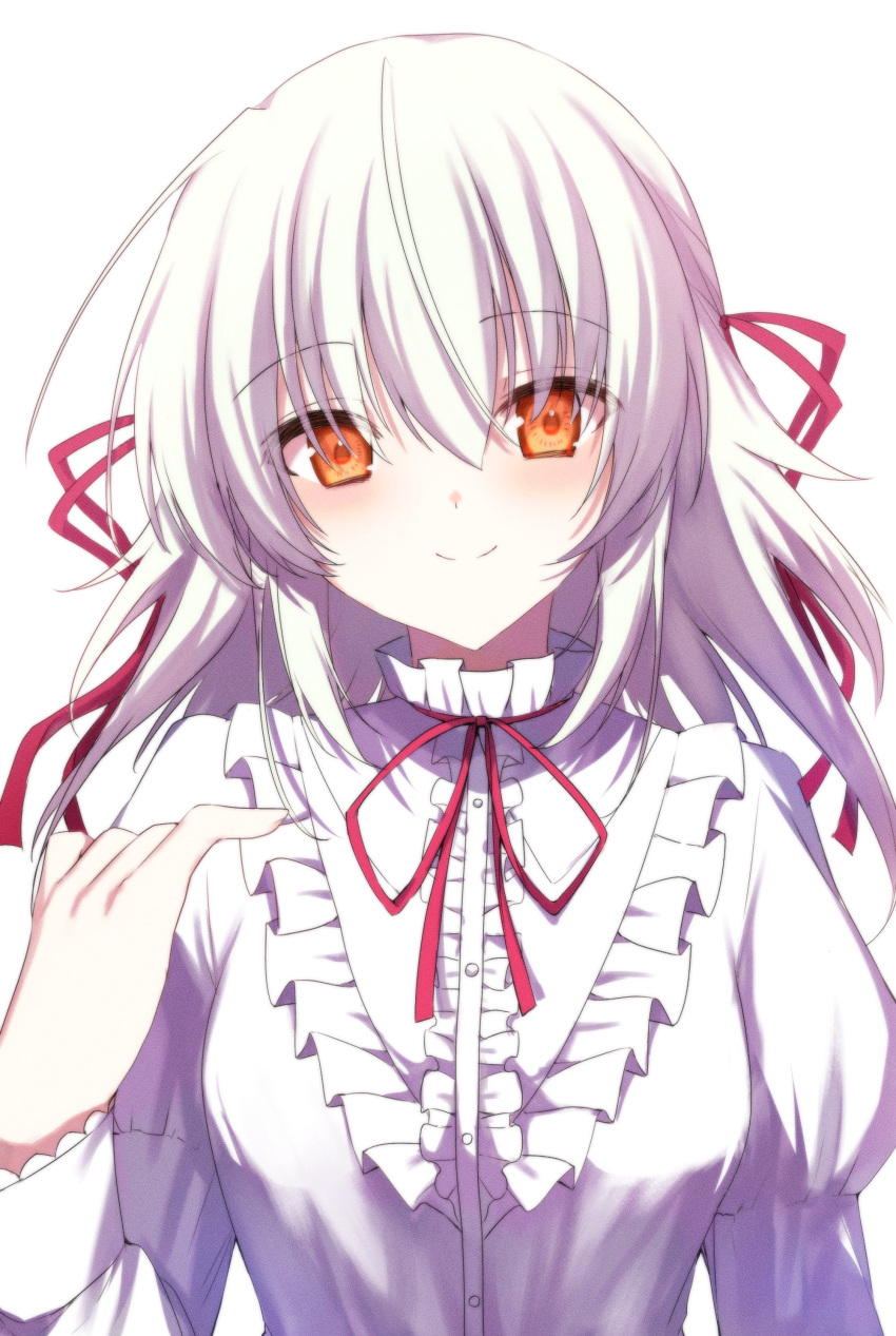 1girl, absurdres, blush, center_frills, closed_mouth, commentary, eyes_visible_through_hair, frilled_shirt