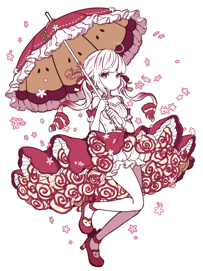 1girl, absurdres, ahoge, apple, bloomers, drill_hair, elina_(e2n04n), flower