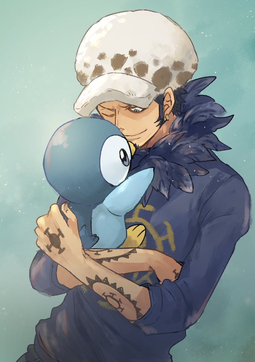 1boy, arm_tattoo, bad_id, bad_twitter_id, blue_background, commentary, commentary_request, earrings, facial_hair, feathered_collar, goatee, hand_tattoo, hat, highres, hug, jewelry, looking_at_another, looking_down, male_focus, namagomi_(op_laaaaw_tan), one_eye_closed, one_piece, piplup, pokemon, pokemon_(creature), short_hair, sideburns, smile, tattoo, trafalgar_law, upper_body
