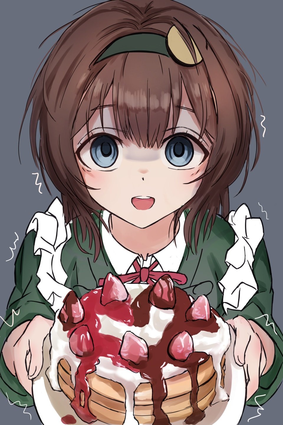blue_eyes, brown_hair, cake, empty_eyes, food, frills, goddess_of_victory:_nikke, green_kimono, hairband, highres, holding, japanese_clothes, kimono, light_blush, long_hair, lunati_nikke, mica_(nikke), mica_(snow_buddy)_(nikke), open_mouth, plate, red_ribbon, ribbon, sidelocks, smile, trembling