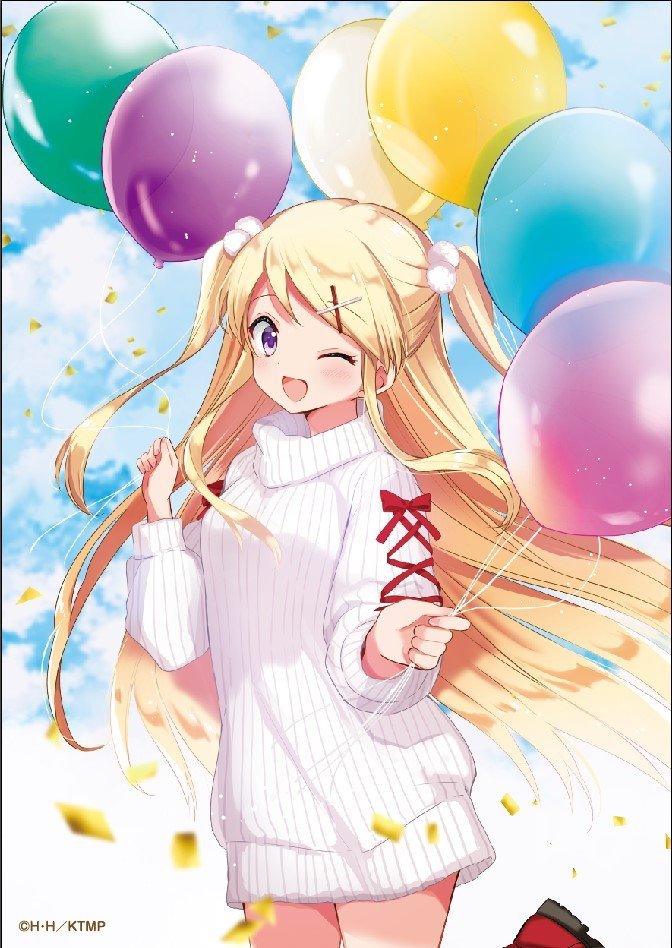 1girl, :d, balloon, blonde_hair, bow, clouds, cloudy_sky, commentary_request