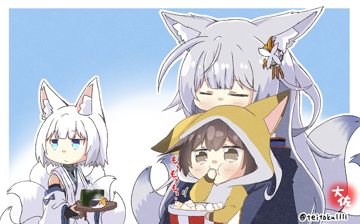 3girls, animal_costume, animal_ears, azur_lane, cat_mug, chibi, crossover, cup