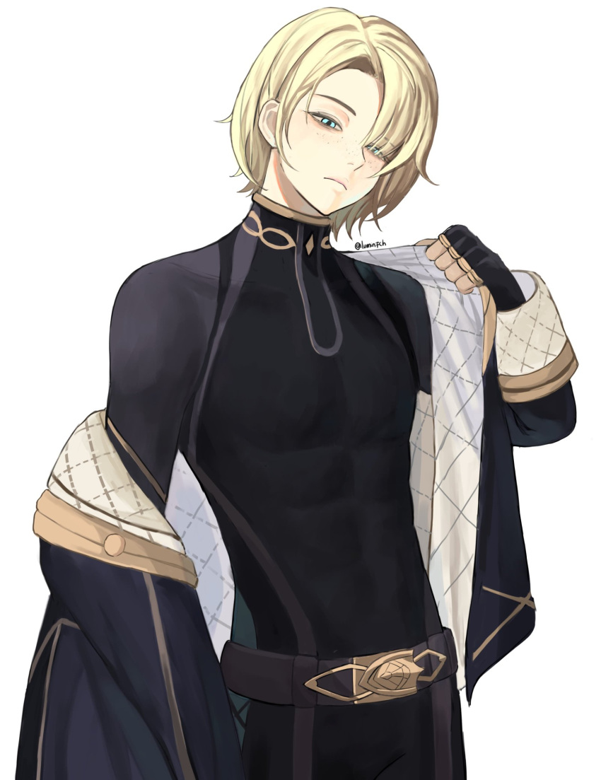 1boy, abs, black_gloves, black_shirt, black_suit, closed_mouth, english_commentary, fingerless_gloves