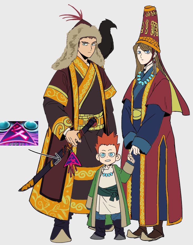 1girl, 2boys, arrow_(symbol), bird, blue_eyes, brown_footwear, brown_hair, character_request