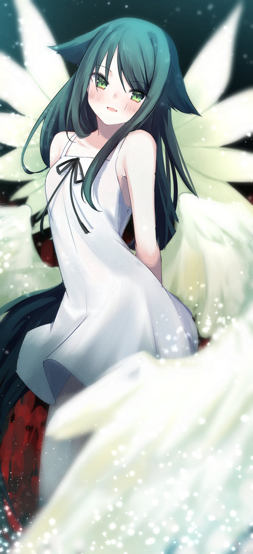 1girl, absurdly_long_hair, absurdres, armpit_crease, arms_behind_back, black_background, blurry, blush