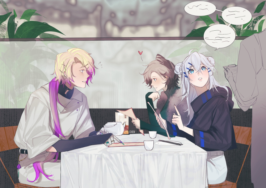 1boy, 2girls, absurdres, ahoge, black_hair, black_hoodie, blonde_hair, blue_eyes
