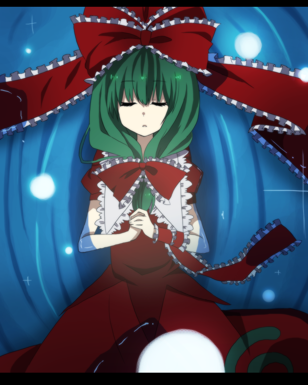 bow, closed_eyes, dress, floating, frills, green_hair, hair_bow, hair_ribbon