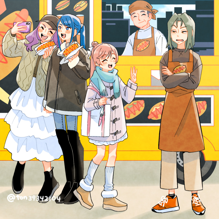 2boys, 3girls, apron, battamonda, black_footwear, blue_hair, brown_footwear, closed_eyes, crossed_arms, food_truck, green_hair, hirogaru_sky!_precure, hot_dog, kibou_no_chikara_~otona_precure_'23~, mimino_kurumi, minazuki_karen, multiple_boys, multiple_girls, nijigaoka_mashiro, orange_apron, pink_hair, precure, purple_hair, red_footwear, scarf, skirt, ton_(ton39342104), waving, white_skirt
