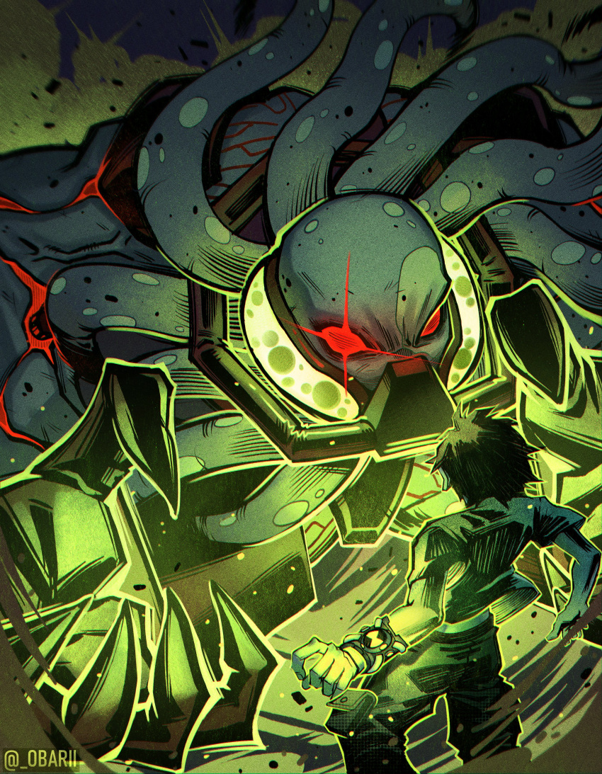 2boys, absurdres, alien, ben_10, ben_tennyson, brown_hair, glowing, glowing_eye