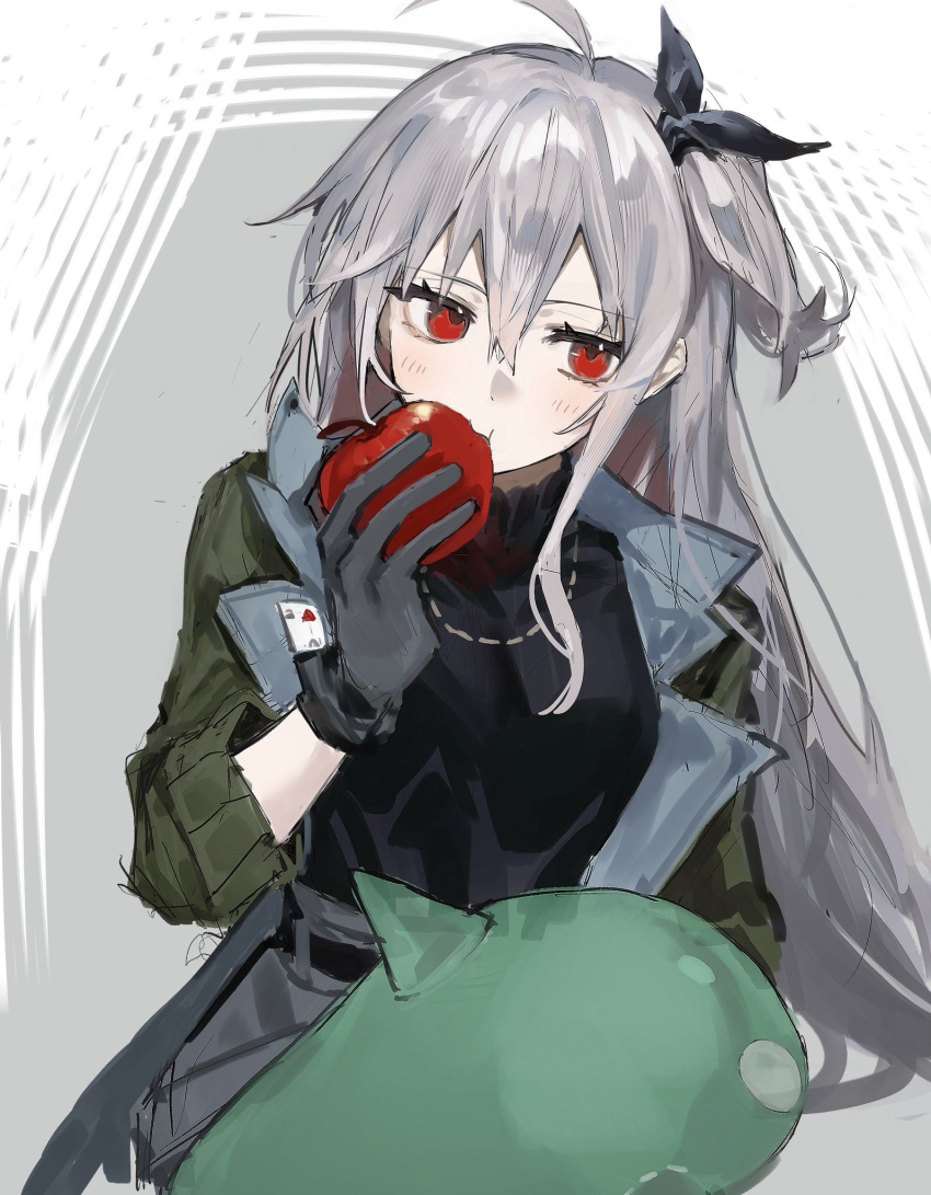 1girl, ahoge, apple, arknights, black_bow, black_gloves, black_shirt, border