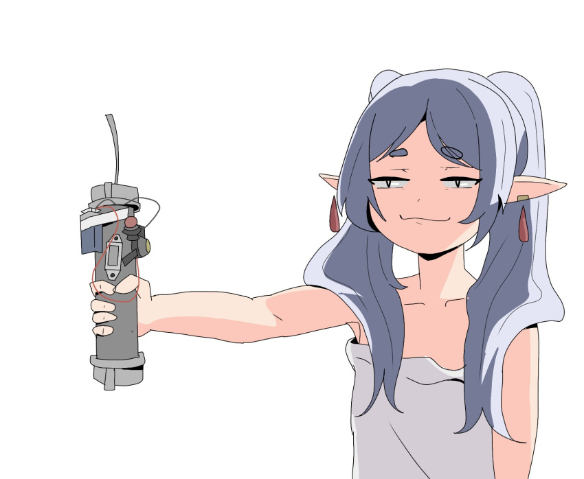 1girl, :3, black_eyes, bomb, bread_forbidden, bright_pupils, commentary, dangle_earrings