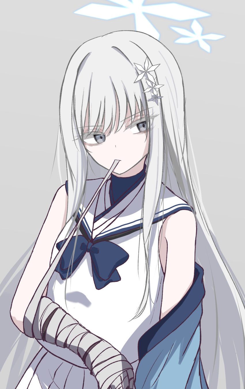 absurdres, blue_archive, grey_eyes, grey_hair, halo, haori, highres, japanese_clothes, long_hair, nagusa_(blue_archive), sailor_collar, skirt, sleeveless, solo, tofu_thunder, white_sailor_collar, white_skirt