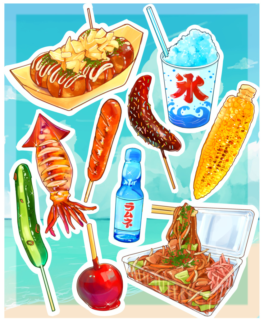 banana, bottle, candy_apple, chocolate_banana, chopsticks, corn_cob, drinking_straw, food