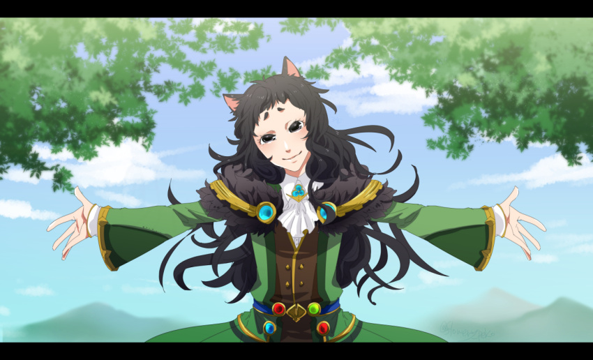 1boy, animal_ears, ascot, belt, black_eyes, black_hair, blue_belt, blue_brooch, blue_gemstone, blue_sky, brown_vest, cat_ears, closed_mouth, coat, collared_shirt, commentary_request, cowboy_shot, day, elemental_master_(ragnarok_online), flowery_peko, gem, green_coat, letterboxed, long_hair, long_sleeves, looking_at_viewer, male_focus, mountainous_horizon, open_clothes, open_coat, outdoors, ragnarok_online, shirt, short_bangs, short_eyebrows, sky, smile, solo, t-pose, tree, vest, wavy_hair, white_ascot, white_shirt