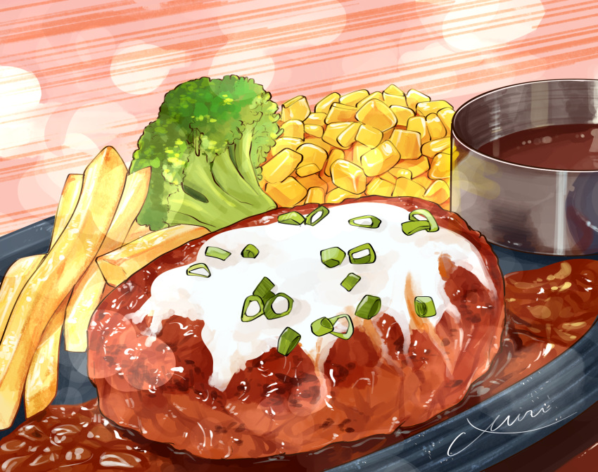broccoli, corn, food, food_focus, french_fries, gravy, hamburger_steak, highres