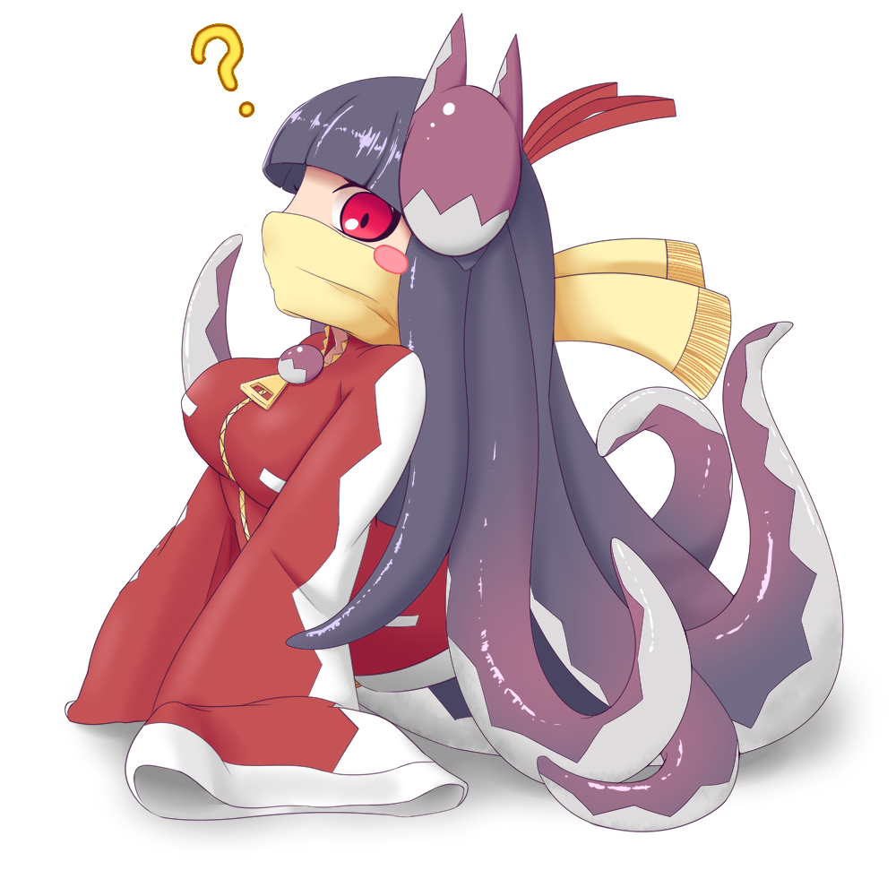 1girl, ?, arm_support, black_hair, blunt_bangs, blush_stickers, breasts, commentary_request