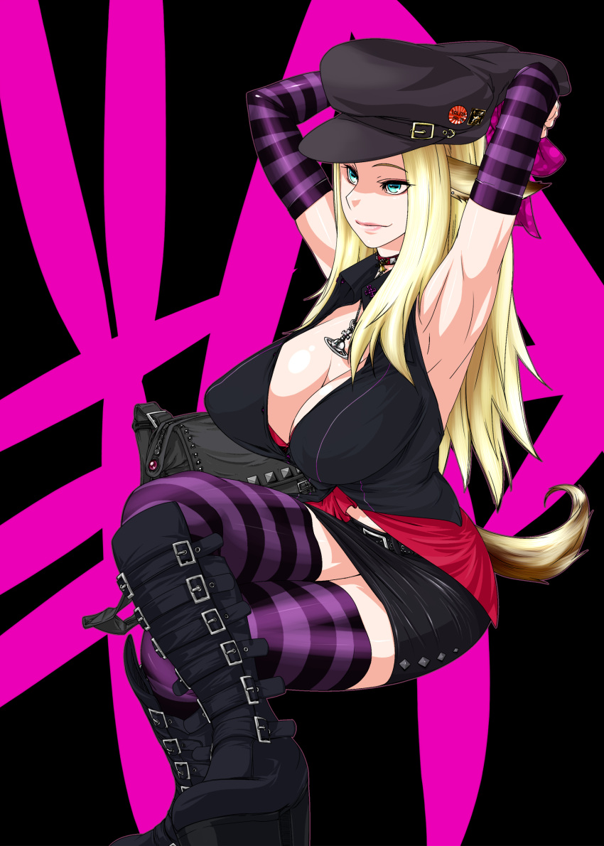 animal_ears, armpits, arms_behind_head, blonde_hair, blue_eyes, boots, breasts, cleavage