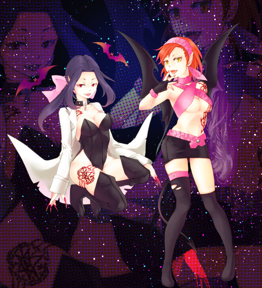 bandana, bangs, bat_wings, black_legwear, black_thighhighs, blue_hair, breasts, cleavage