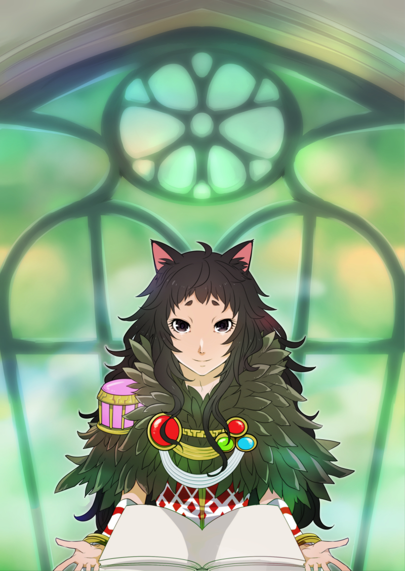 1boy, animal_ears, argyle, argyle_shirt, black_eyes, black_hair, book, cat_ears, closed_mouth, commentary_request, detached_sleeves, flowery_peko, fur_collar, holding, holding_book, long_hair, looking_at_viewer, male_focus, open_book, ragnarok_online, shirt, short_bangs, short_eyebrows, smile, solo, sorcerer_(ragnarok_online), upper_body, white_shirt, white_sleeves, window